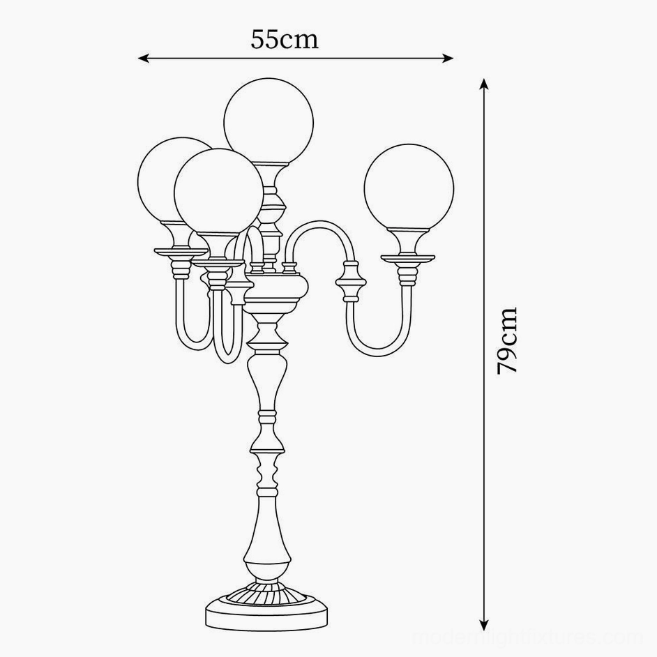 4-head brass candlestick table lamp technical drawing showing 55cm diameter by 79cm height specifications
