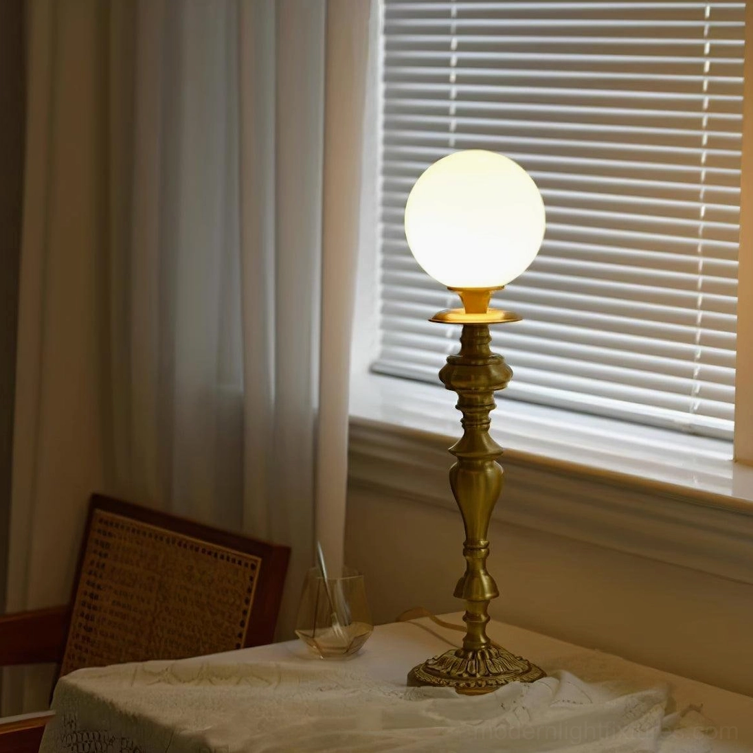 5-head brass candlestick table lamp creating warm ambient light in eclectic interior design