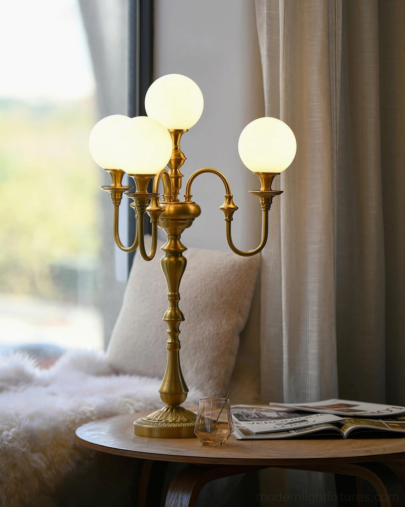 Luxury 5-head brass candlestick table lamp three-quarter view on designer living room console