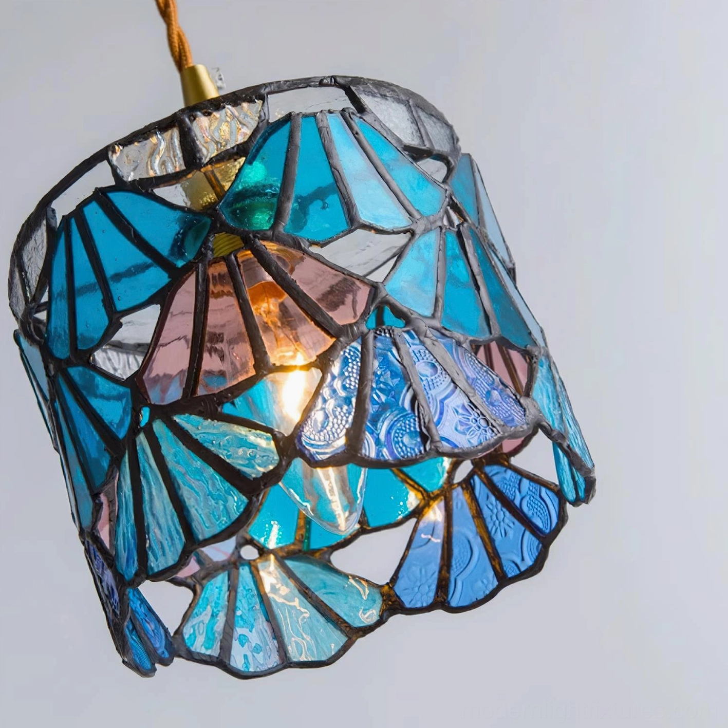 Stained glass pendant light brass canopy and E14 socket with lead line shade construction