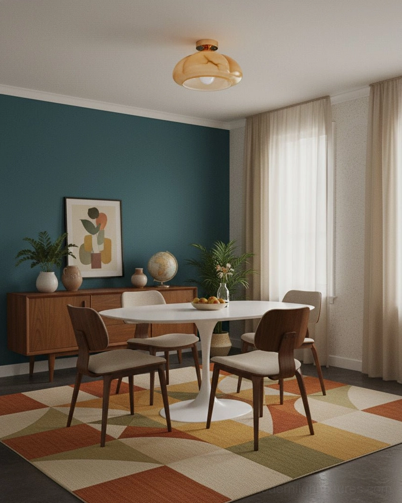 Modern ceiling light fixture illuminating mid-century dining room with geometric rug and wooden furniture