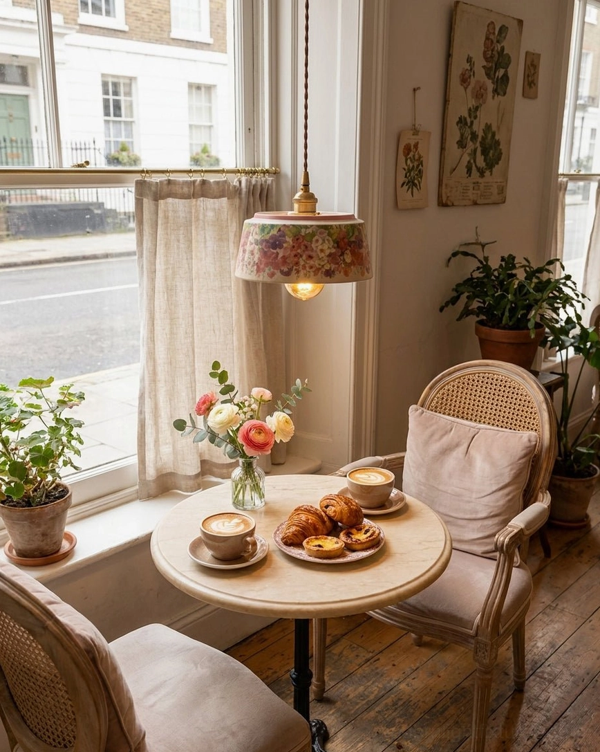 Brass and ceramic floral pendant light in vintage cafe-style breakfast corner