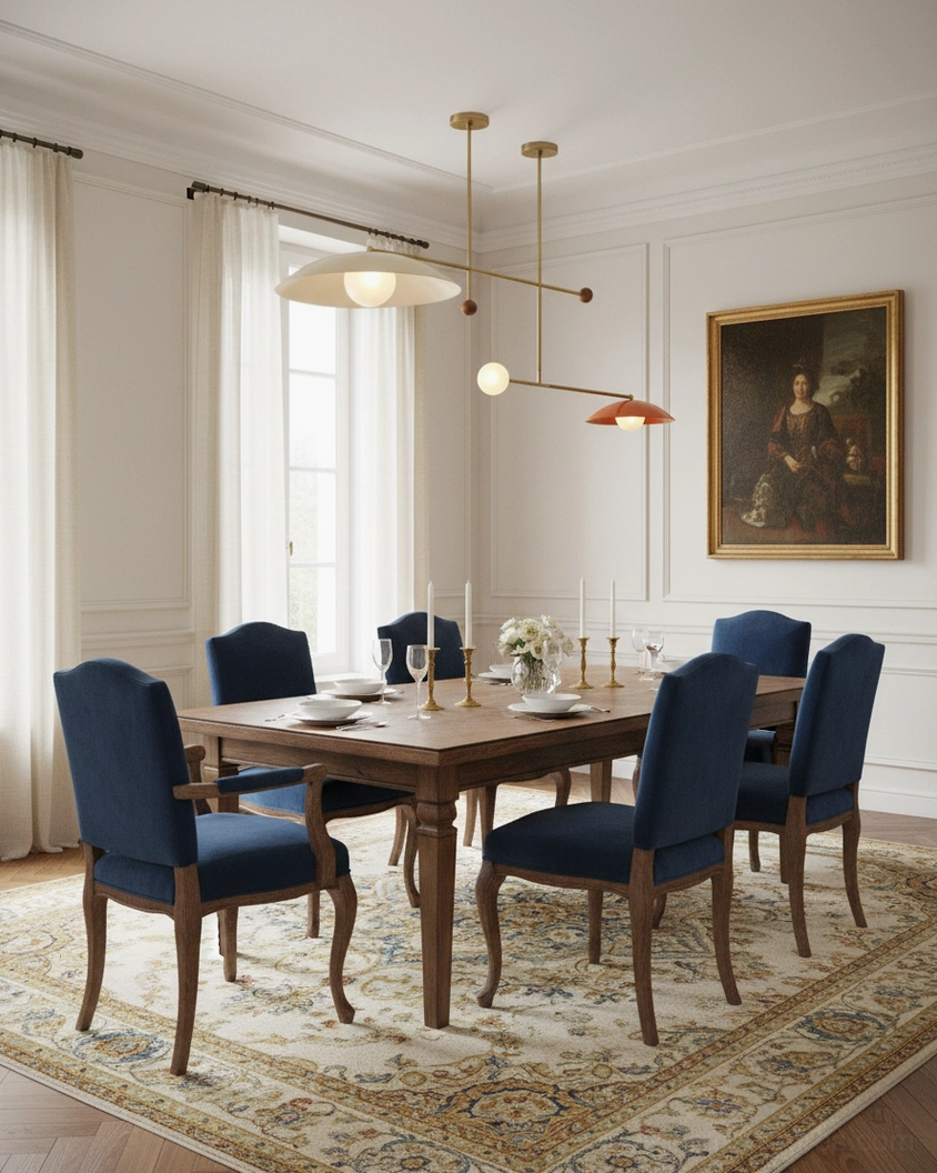 Mid-century linear pendant light in formal dining room with navy upholstered chairs and farmhouse decor