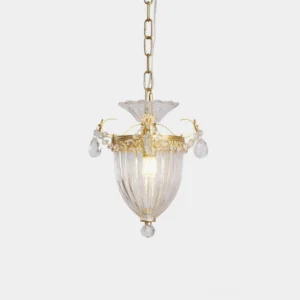 Brass crystal pendant light with ribbed glass shade and decorative crystal finial, full front view