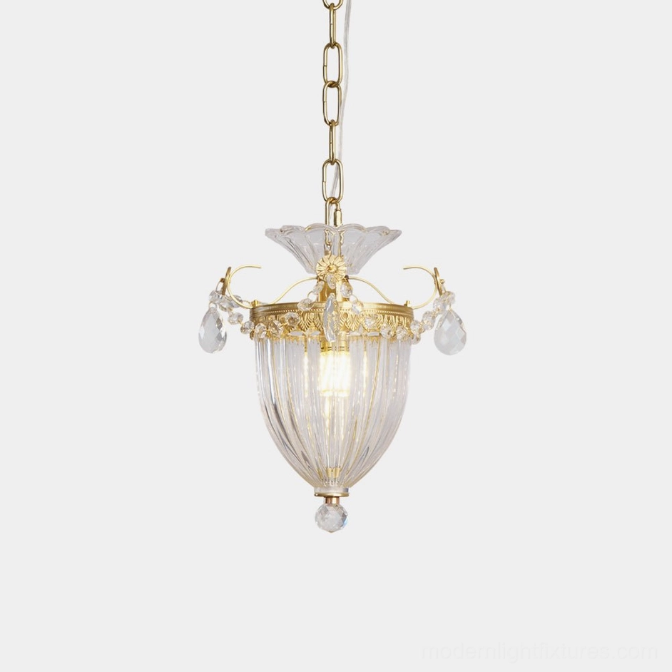 Brass crystal pendant light with ribbed glass shade and decorative crystal finial, full front view