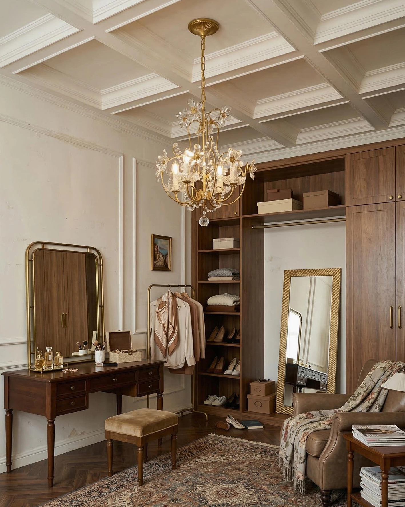 Crystal pendant light above wooden vanity desk in vintage dressing room with cabinetry