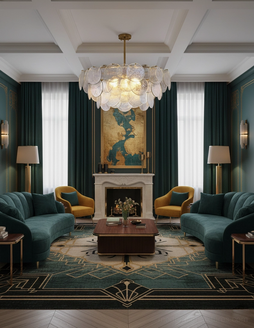 Contemporary glass disc chandelier in art deco luxury living room with fireplace and warm ambient lighting