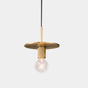 Brass pendant light with disc shade, front studio view of modern glass pendant lighting fixture