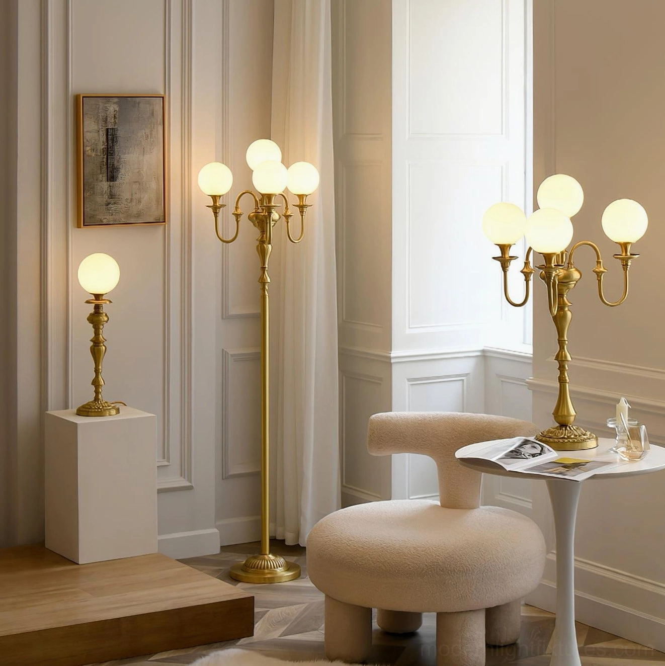Luxury living room with multiple brass floor lamps and table lamp, formal French retro style home decor scene