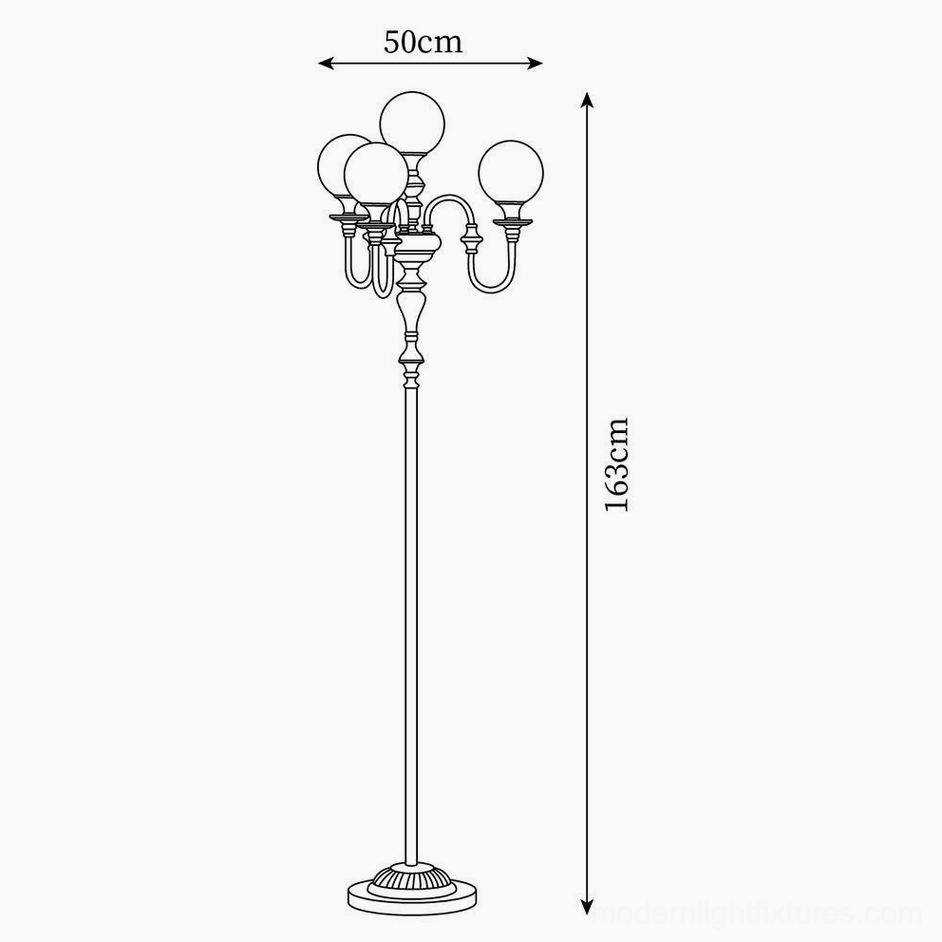 Technical orthographic drawing and dimension specifications of brass candelabra floor lamp, 163cm height by 50cm width measurements