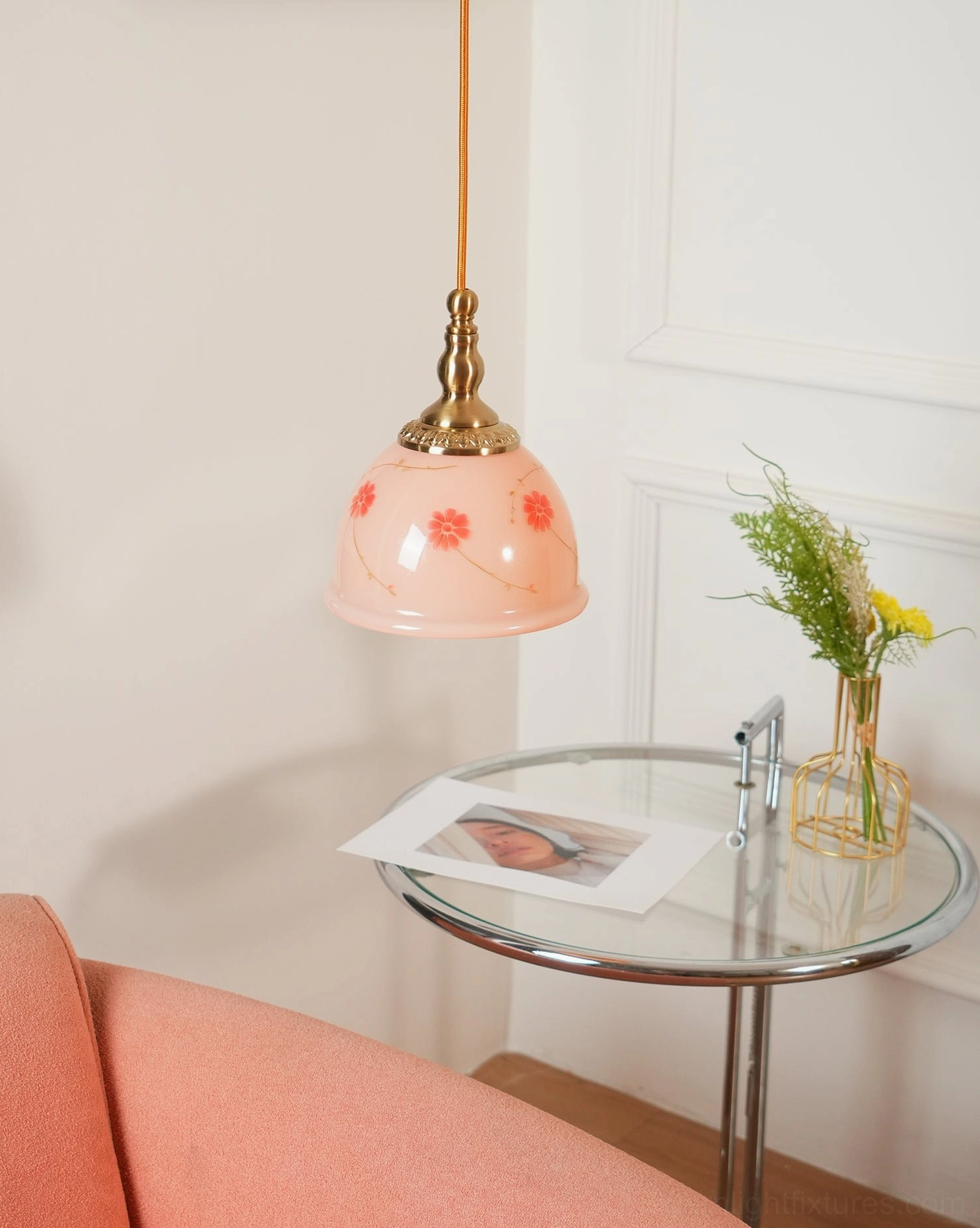 Brass gold floral pendant light fixture with hand-painted pink ceramic shade and red botanical patterns