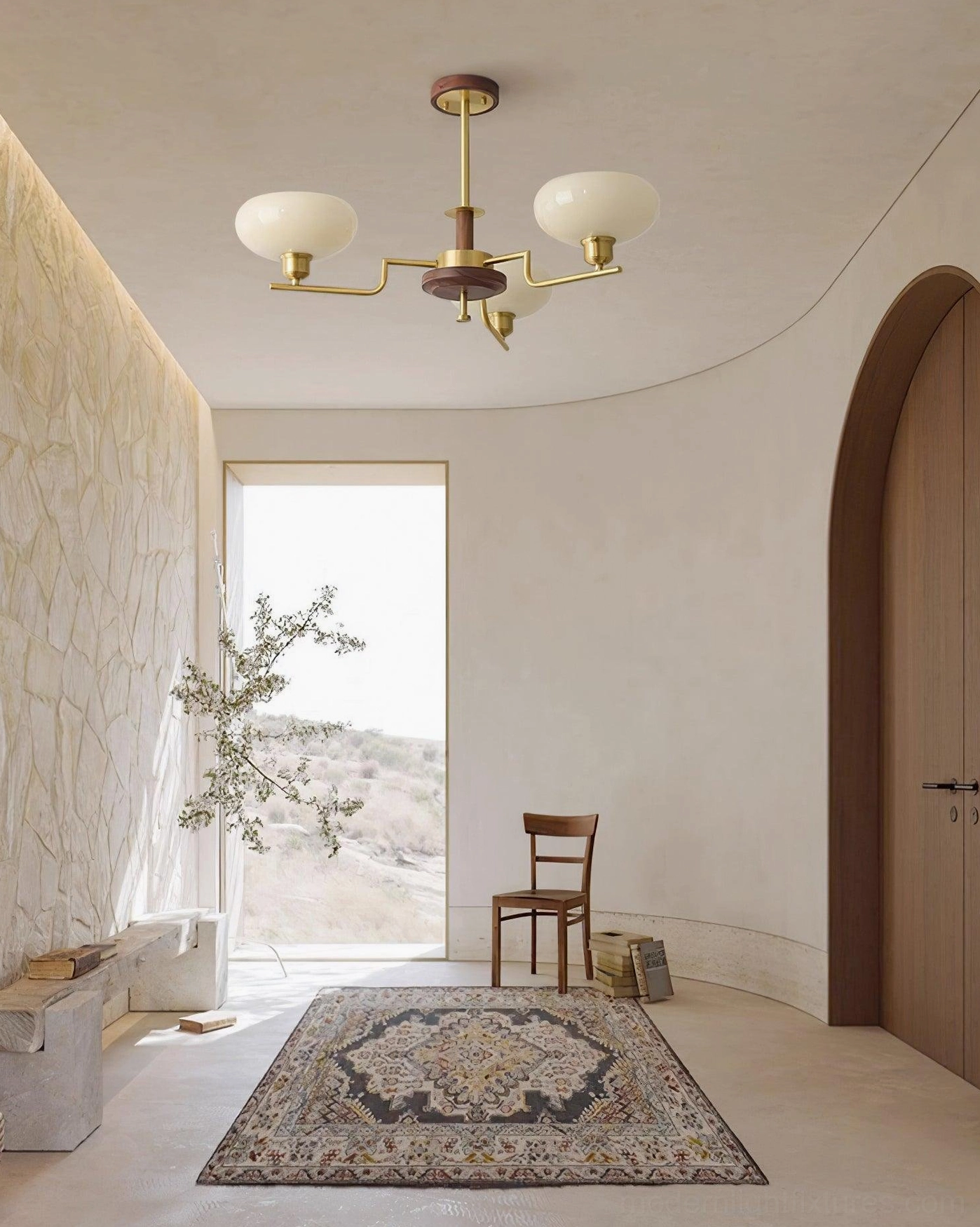 Modern multi-head glass chandelier showing brass frame construction and frosted glass shade assembly close-up
