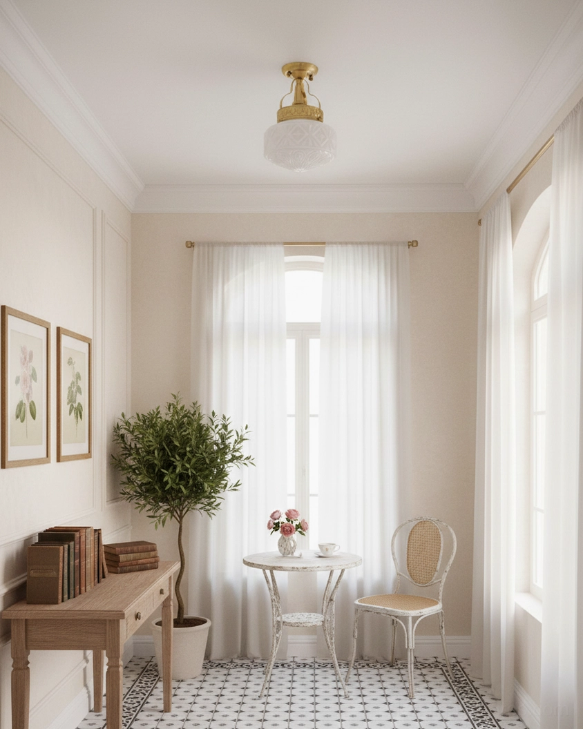 Brass ceiling fixture with geometric carved glass shade displayed in bright sunroom with minimalist neutral decor