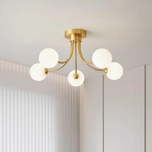 8-head brass globe ceiling fixture installed in modern room with window blinds