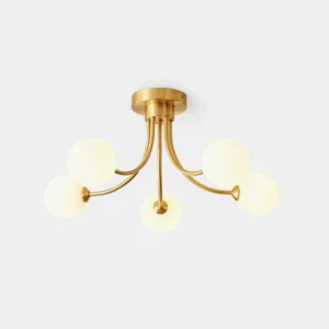 5-head brass globe semi-flush ceiling light with frosted glass shades, front studio view
