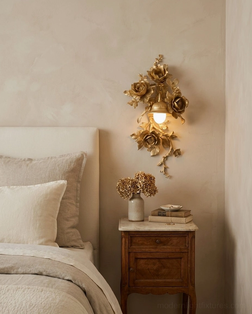 Gold Elysia Bloom rose wall sconce mounted above wooden nightstand in bedroom, warm glowing bulb illuminating carved flowers