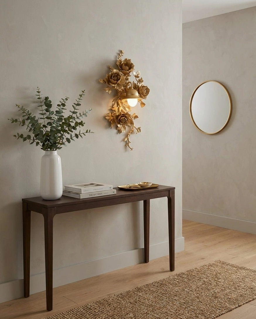 Gold brass Elysia Bloom sculptural rose sconce in luxury entryway with console table, vintage glam aesthetic lighting