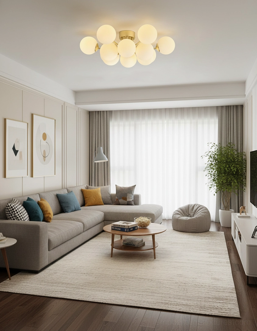 Brass gold sputnik ceiling light with frosted glass spheres creating warm diffused lighting ambiance
