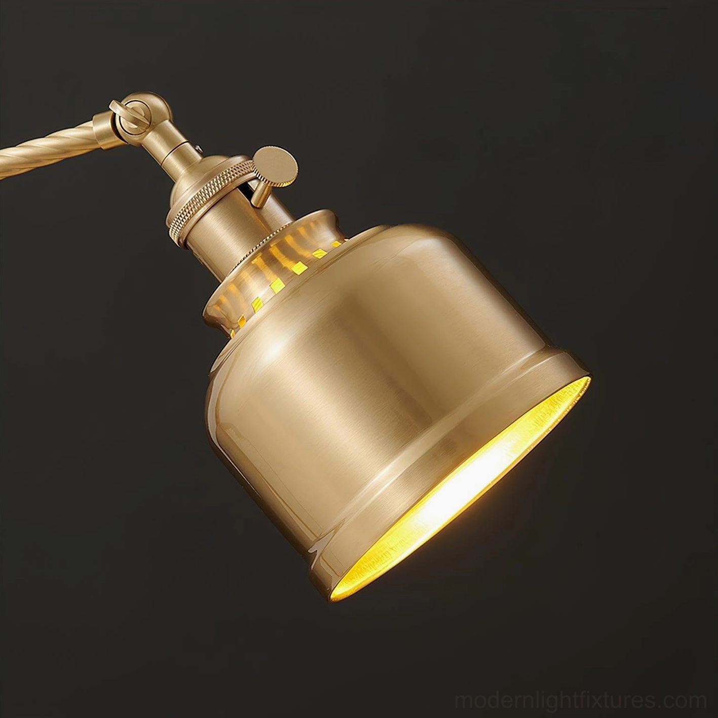 Brass adjustable table lamp side profile showing cylindrical shade, twisted stem, and wood base construction