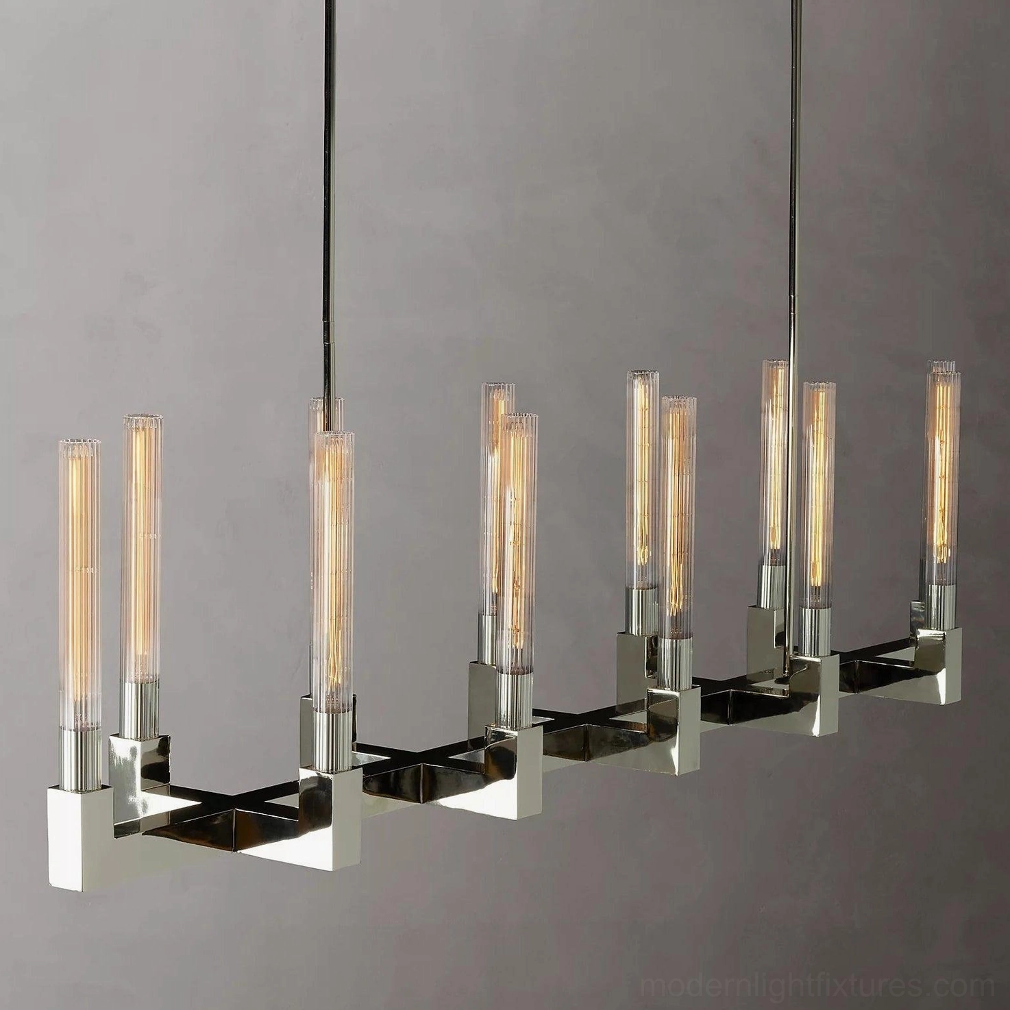 Modern brass linear chandelier dimmer compatible warm white LED bulbs interior lighting