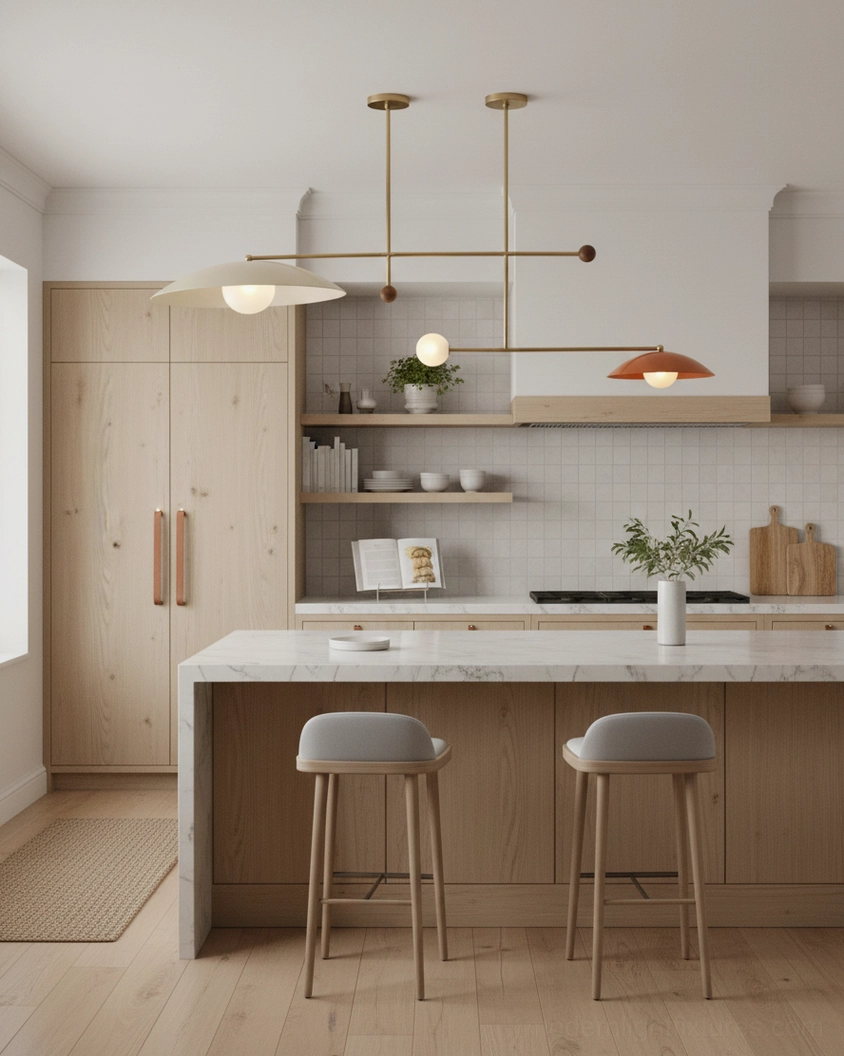 Contemporary pendant light installed in warm wooden kitchen with island, showcasing brass frame and mixed-tone lamp shades