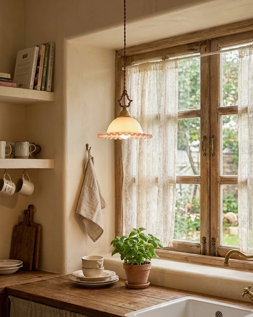 Vintage brass pendant light installed above cottage kitchen window - warm ambient lighting in rustic interior