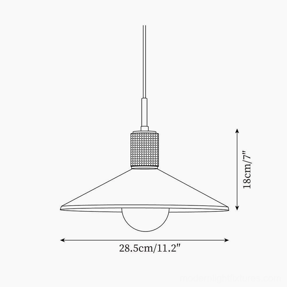 Technical dimension schematic diagram of vintage brass pendant light showing diameter 28.5cm height 18cm measurements