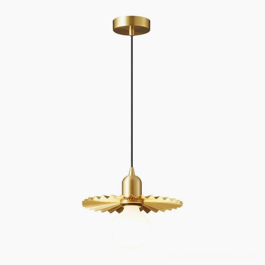 Grouped brass petal pendant lights hanging at varying heights in contemporary interior design