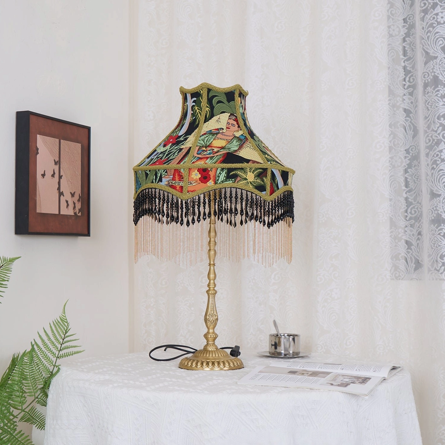 Brass base peony table lamp with intricate etched patterns and botanical silk shade