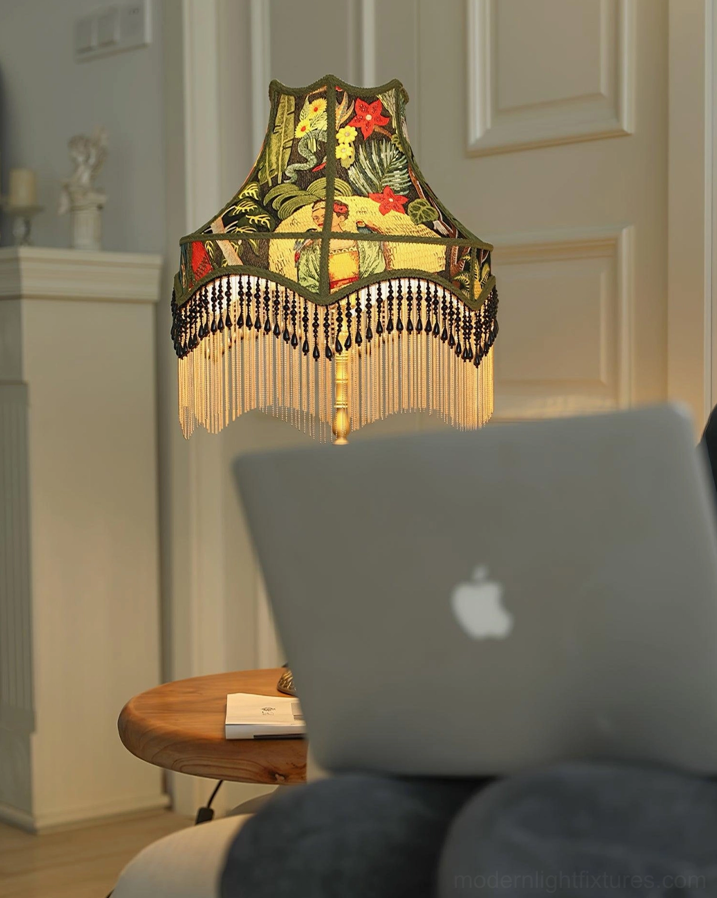 Brass finish vintage peony table lamp with botanical tapestry pattern on nightstand