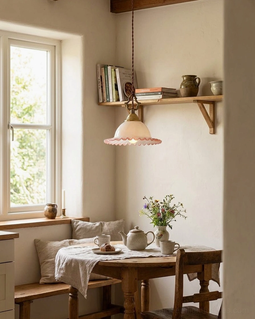 Brass and pink glass pendant hanging in cottage dining room above wooden table and bench seating