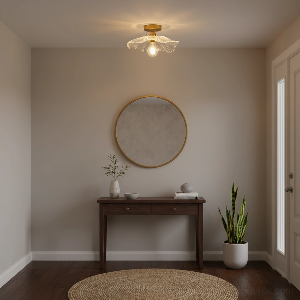 Residential entryway with vintage brass ruffled glass ceiling light fixture showcasing neutral modern farmhouse interior style