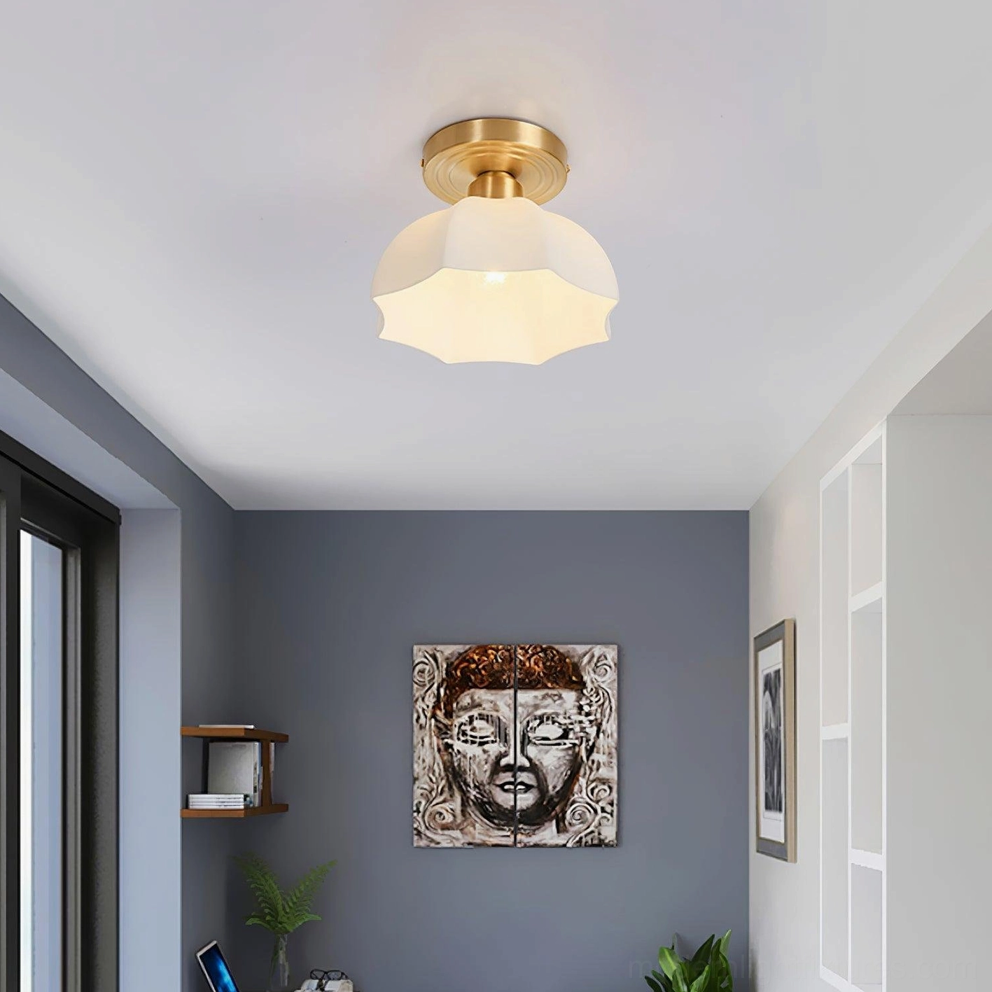 Scalloped semi-flush brass ceiling fixture in American style living room with warm brass accents and elegant decor