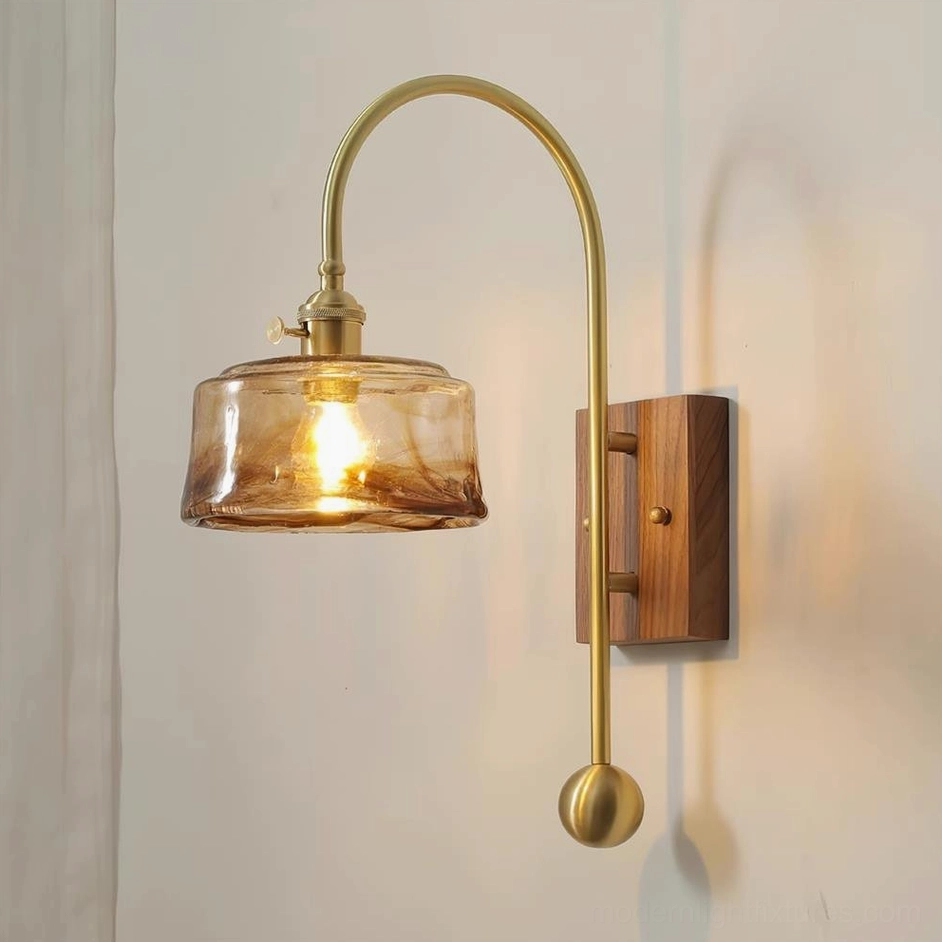 Vintage brass wall sconce model B with 7.4 inch width stained glass shade
