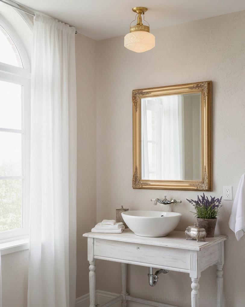 Warm brass ceiling light fixture installed in elegant French bathroom vanity setting, providing ambient illumination
