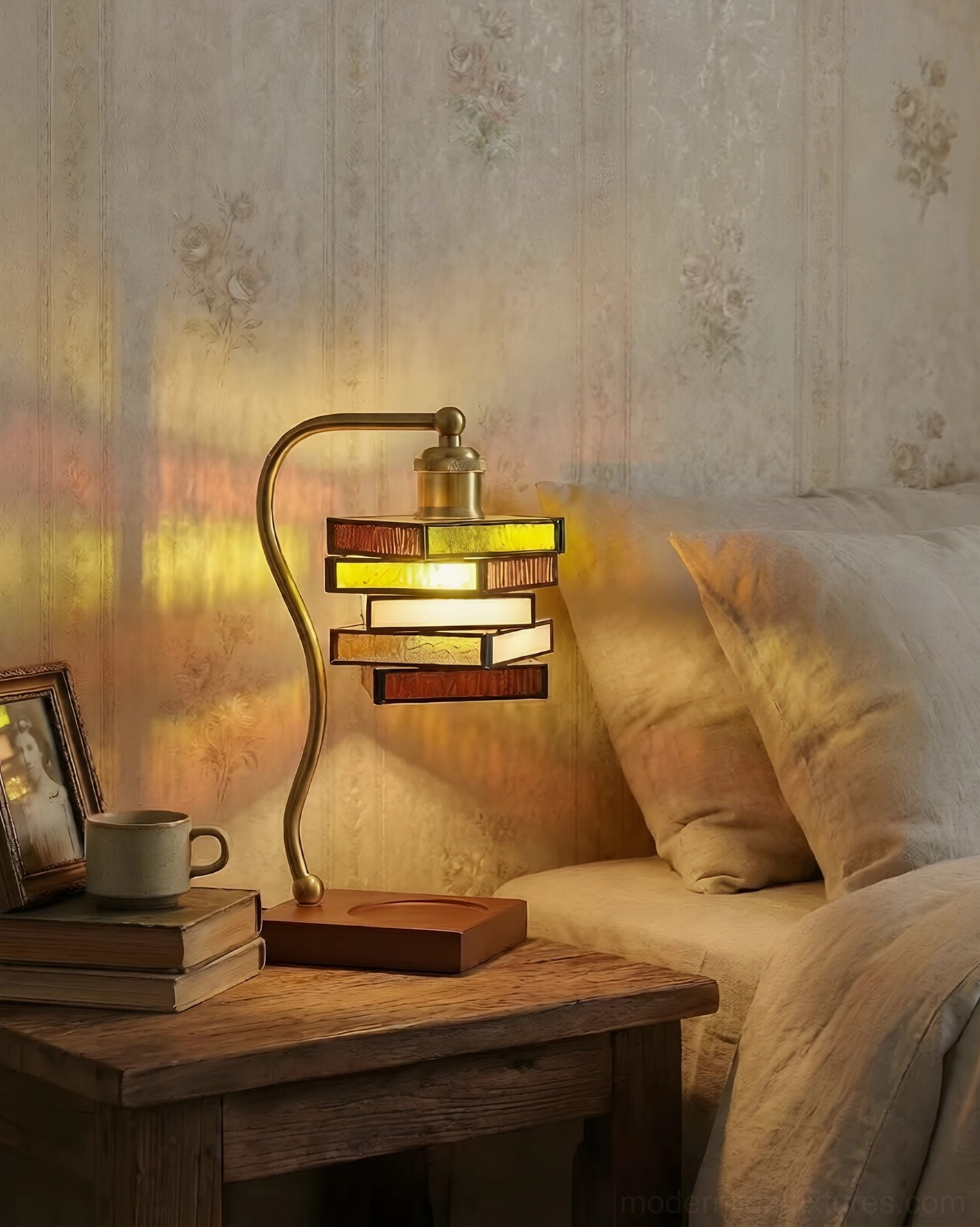 Side view of vintage brass and wood stained glass lamp beside sofa with framed photo and stacked books