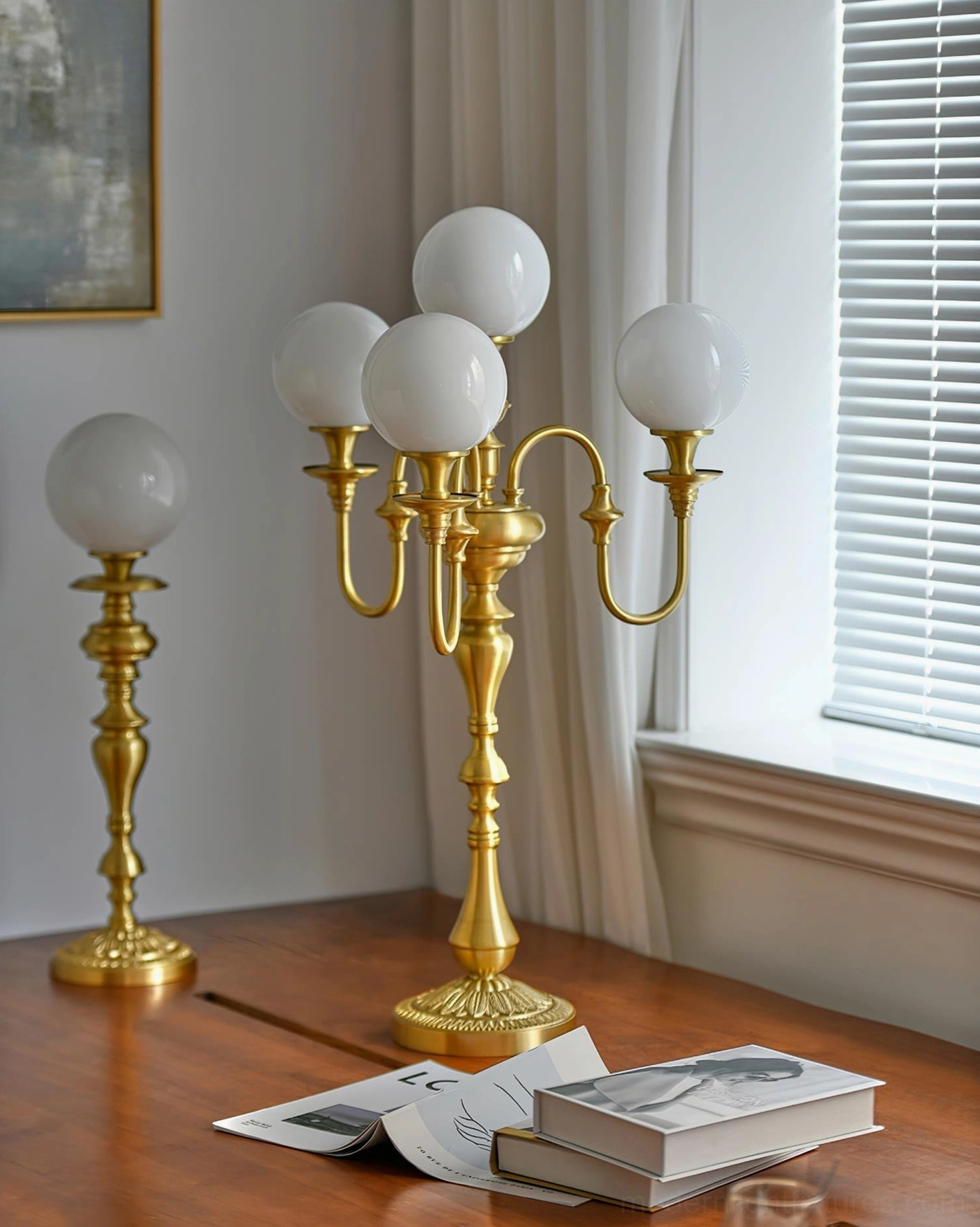 Two brass table lamps comparison - single-head and 5-head models on home office desk