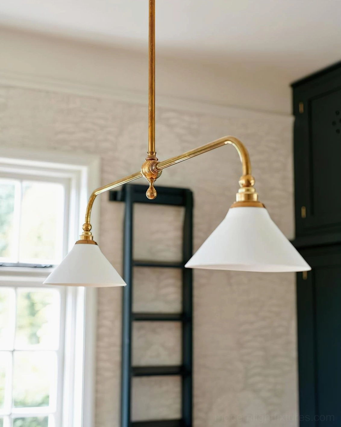 Two-head brass pendant chandelier with white ceramic shades showcasing versatile installation in kitchen and dining areas