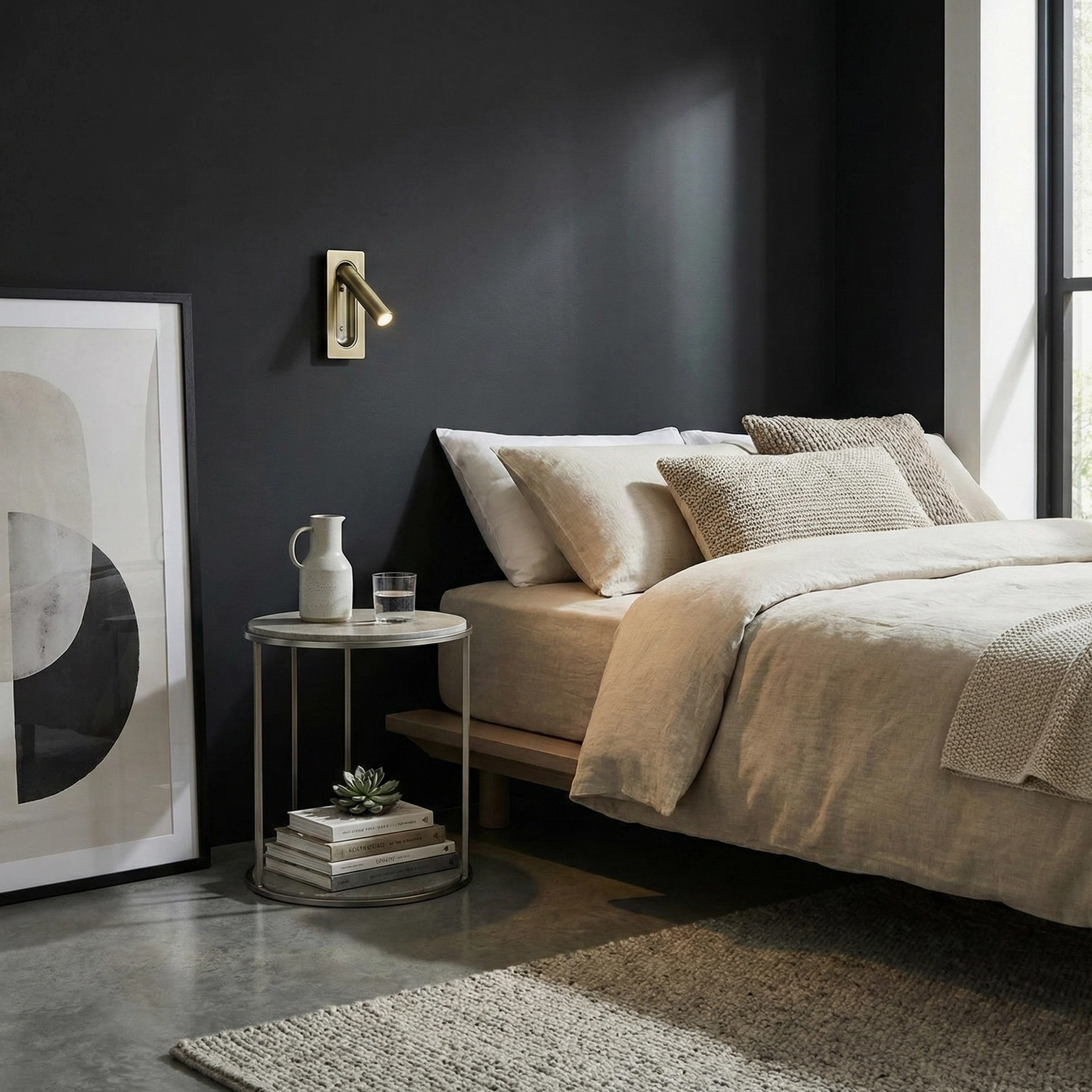 Contemporary master bedroom with brass finish 360-degree rotatable wall lamp on dark accent wall and modern furniture