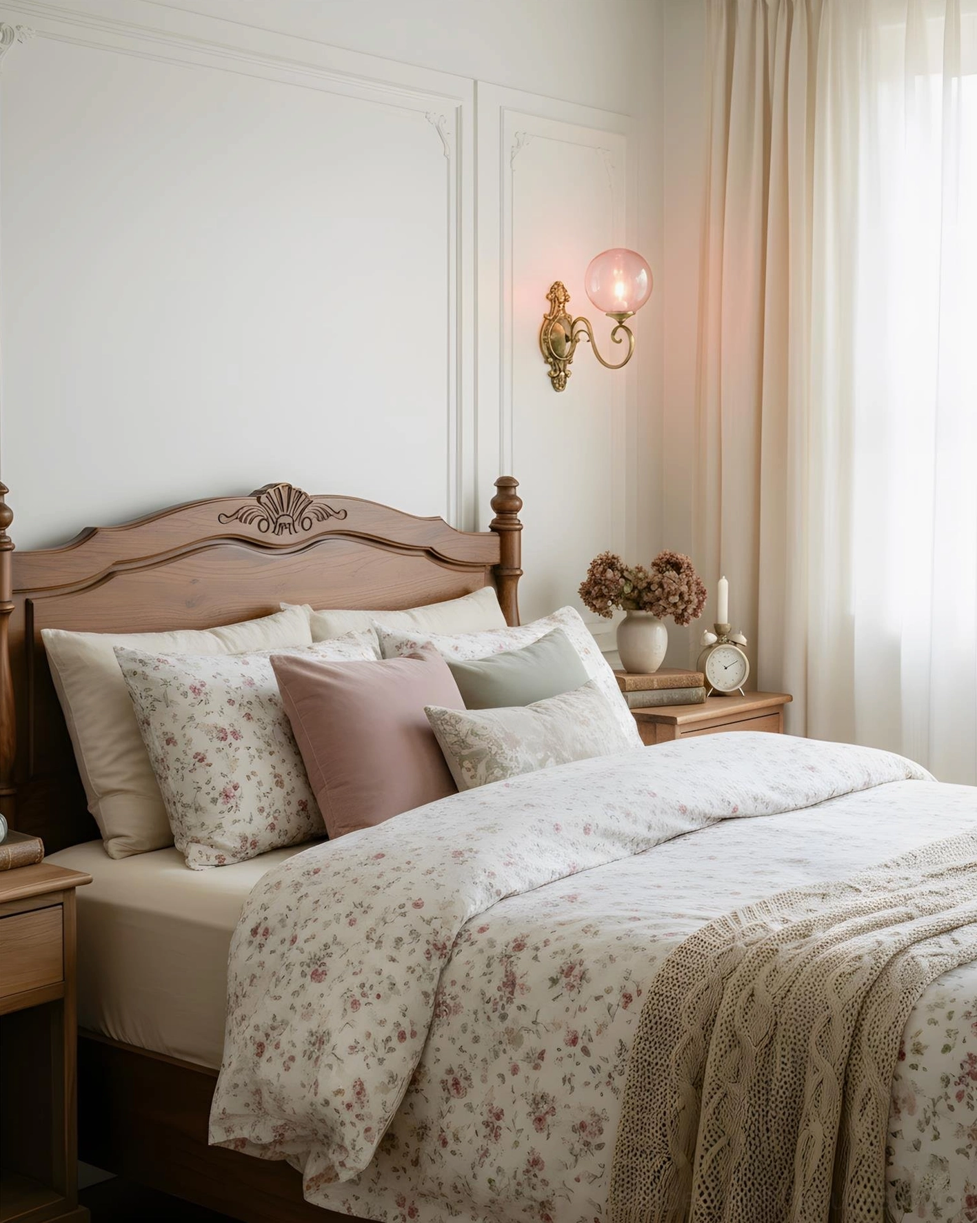 Ornate brass wall sconce beside wooden bed in bedroom, warm vintage lighting fixture
