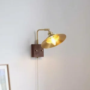 Mid-century modern brass wall lamp with walnut backplate mounted on residential wall