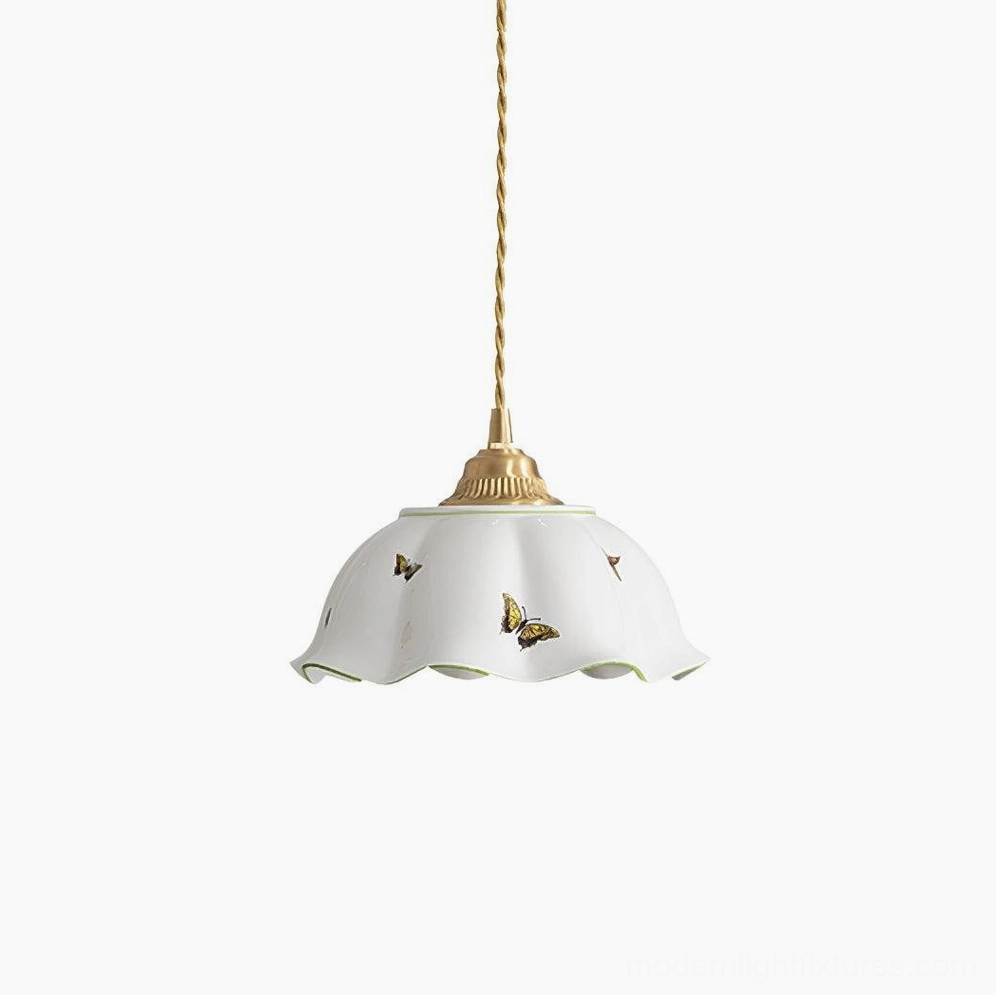 Brass and white ceramic pendant lamp with butterfly embellishment, product detail view