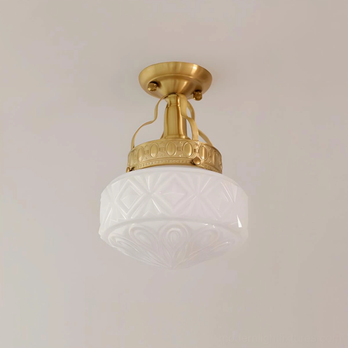 Semi-flush ceiling light in Brass & White finish, hand-molded glass shade with geometric carving, brass canopy detail