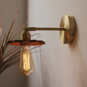 Brushed brass wall sconce mounted in cozy interior corner with warm lighting and natural plant decor - ambient home lighting design