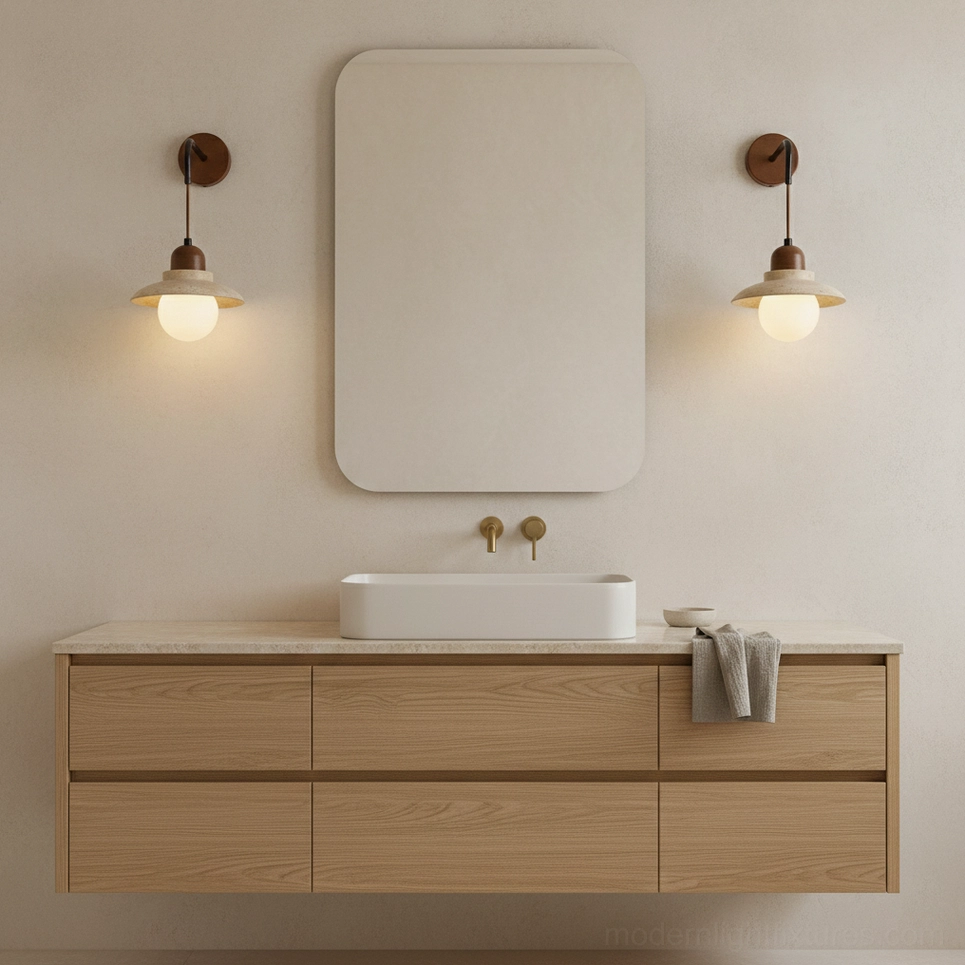 Brava natural stone wall sconce dual installation in bathroom vanity space with warm light