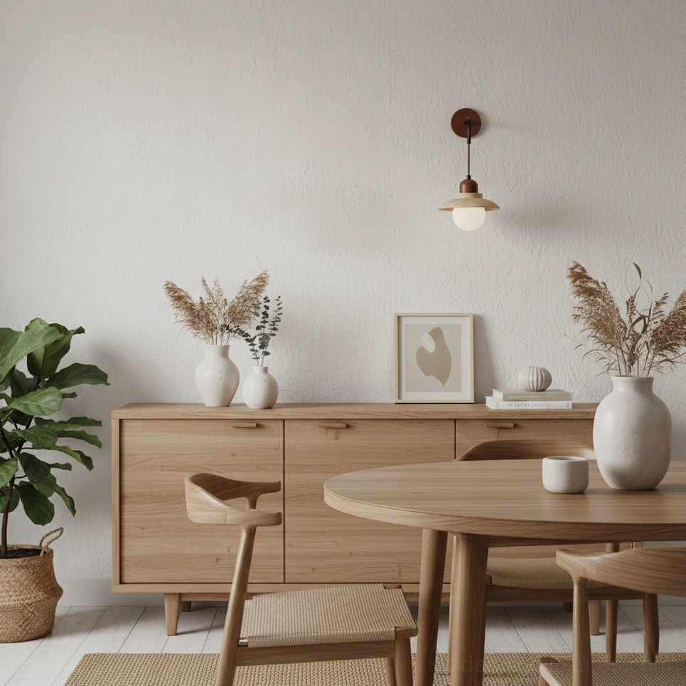 Brava wall lamp ambient lighting in dining room above natural wood furniture with warm glow