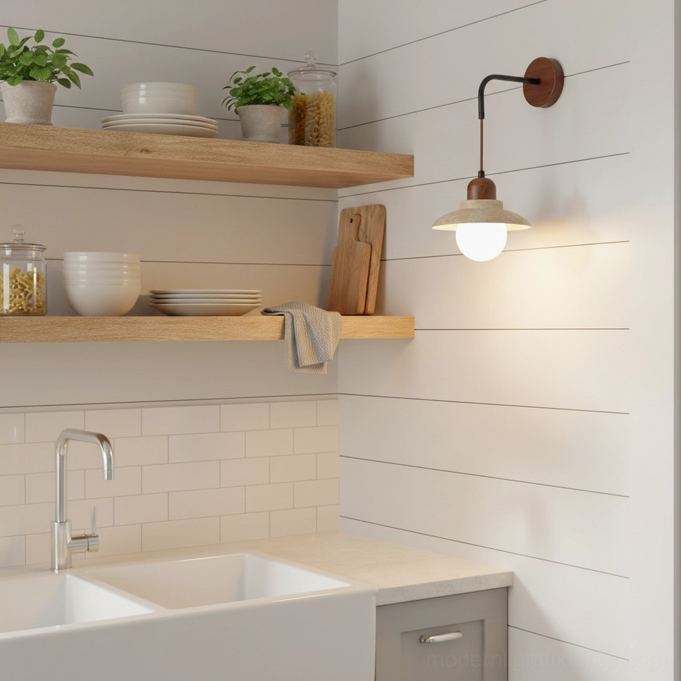 Brava natural stone wall sconce in kitchen backsplash workspace above open wooden shelves