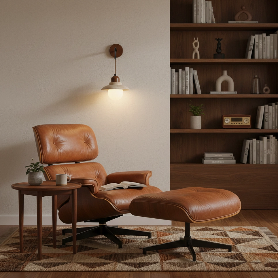 Brava travertine wall sconce creating warm light in cozy reading corner with leather chair and bookshelf