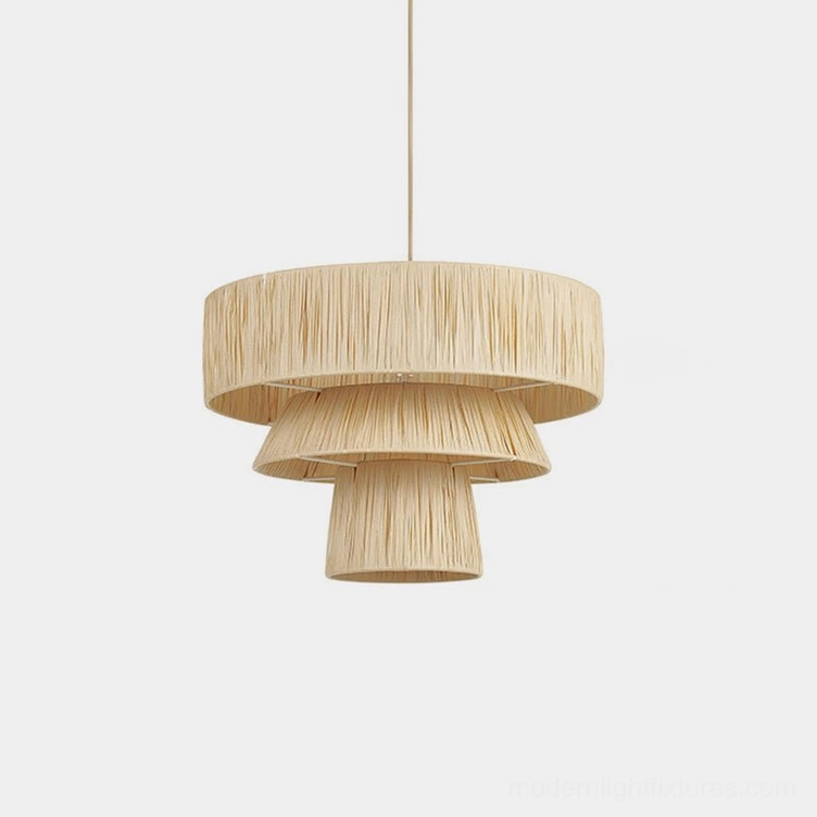 Bravina three-tier woven raffia pendant light displayed against white background, showing natural woven shade and iron frame structure