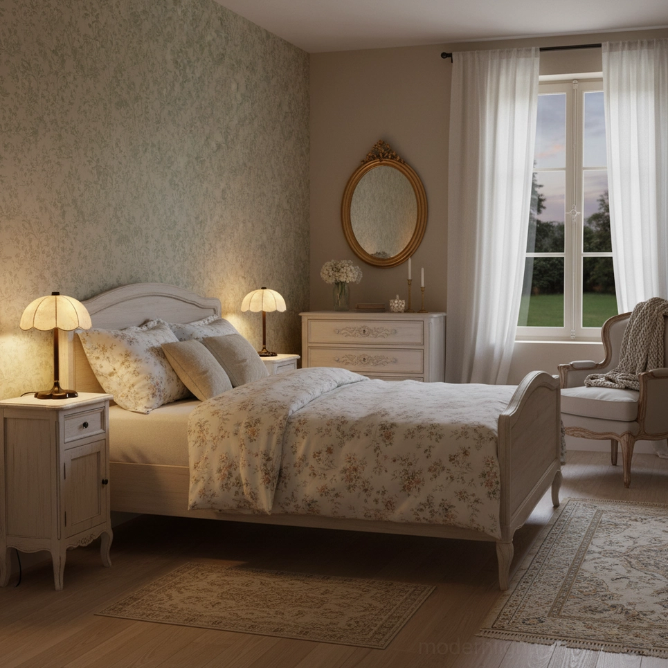 Brazoria cottage style table lamp in French country bedroom with floral linens and shaker furniture